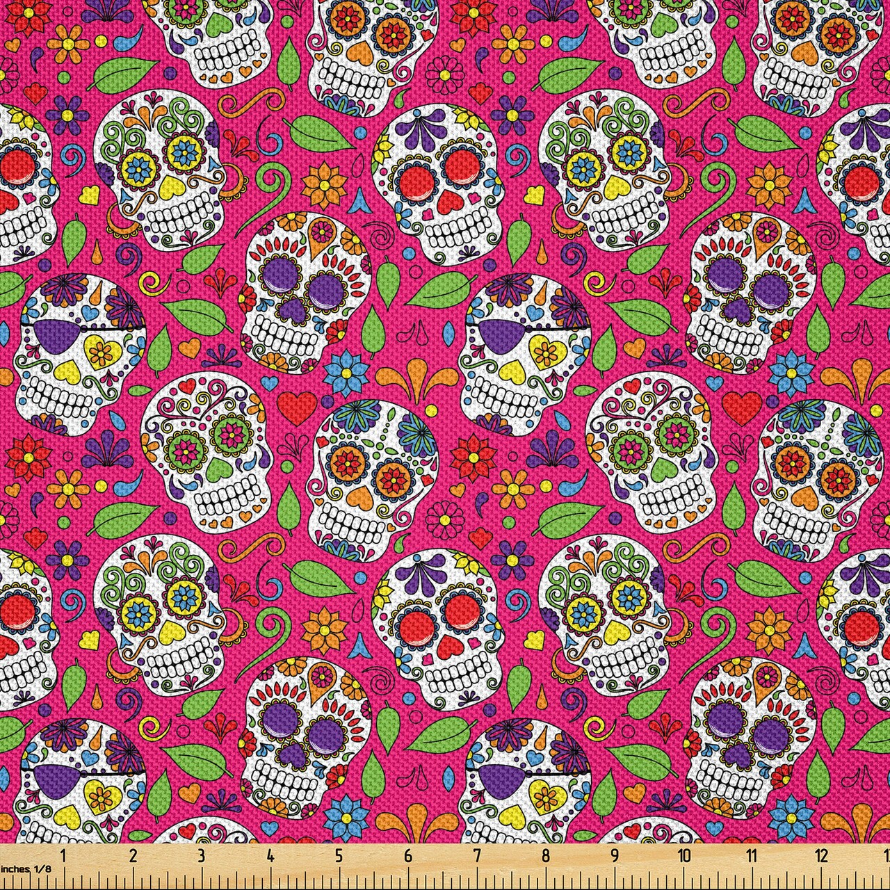 Ambesonne Sugar Skull Fabric by The Yard, All Saints Day Oriental Mexican Flowers Hearts Vibrant Design Print, Decorative Satin Fabric for Home Textiles and Crafts, 1 Yards, Hot Pink Purple Green